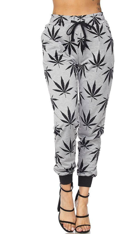 Gray Classic Weed Print Drawstring Joggers - SohoGirl.com